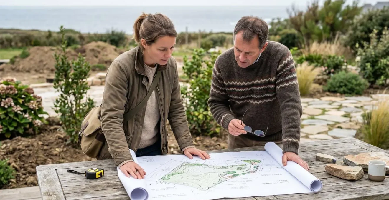 Paysagiste et client consultant ensemble un plan de jardin sur table extérieure lors de la phase de conception