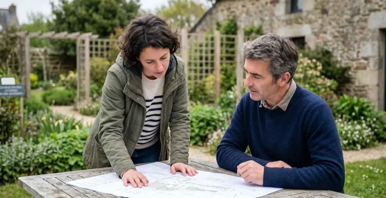 Paysagiste et client consultant ensemble un plan de jardin sur table extérieure lors de la phase de conception